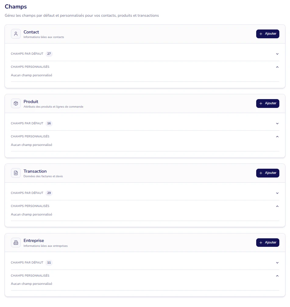 Écran Champs de Lexxy : champs par défaut et champs personnalisés pour les contacts, produits, transactions et entreprises