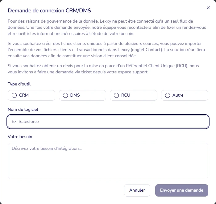 Formulaire Demande de connexion CRM/DMS de Lexxy : type d'outil, nom du logiciel et besoin d'intégration