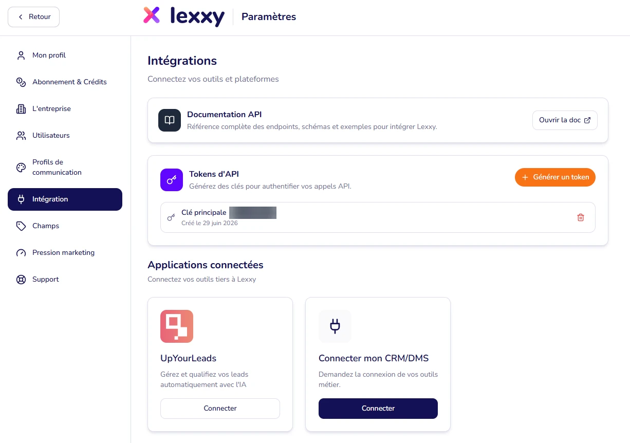 Page Intégrations des paramètres de Lexxy : documentation API, tokens d'API et applications connectées