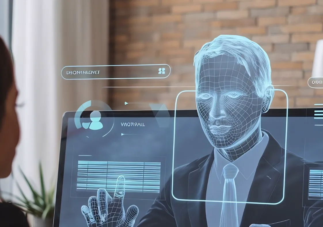 Professionnelle face à un agent IA représenté en hologramme sur son écran